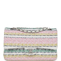 Chanel Medium Classic Double Flap White Multicolor Tweed Brushed Silver Hardware