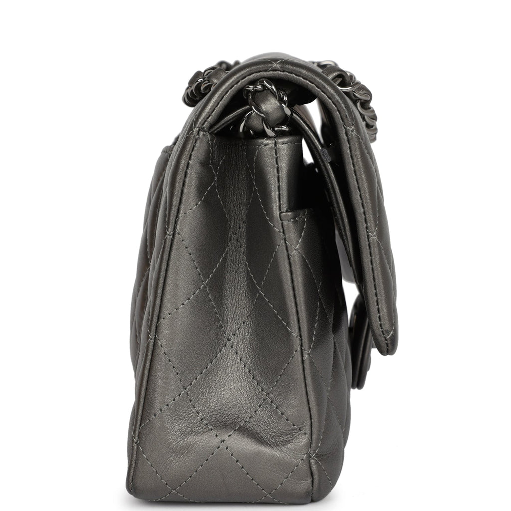 Chanel Medium Classic Double Flap Bag Metallic Grey Lambskin Silver Hardware
