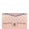Chanel Medium Classic Double Flap Bag Pink Iridescent Lambskin Silver Hardware