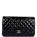 Chanel Medium Classic Double Flap Bag Black Crumpled Patent Leather Silver Hardware