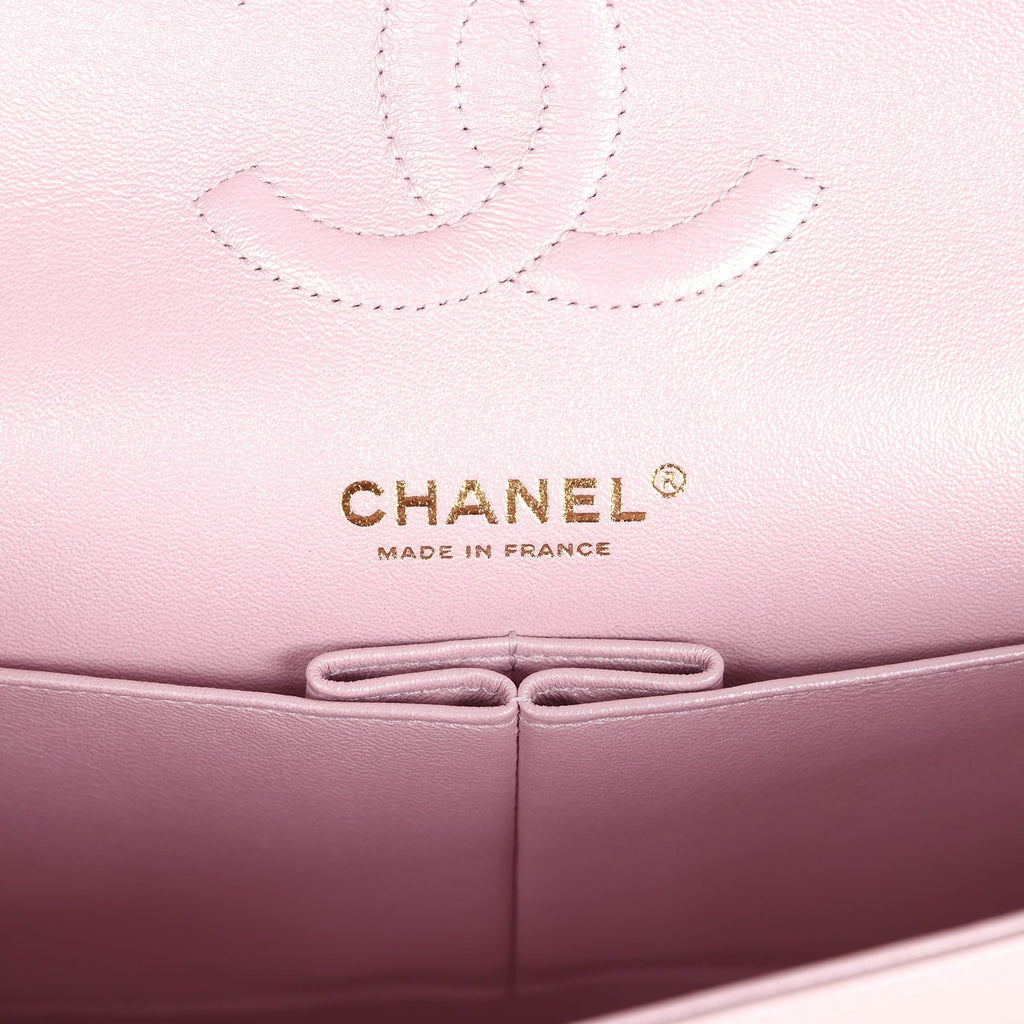 Chanel Medium Classic Double Flap Bag Pink Iridescent Lambskin Light Gold Hardware