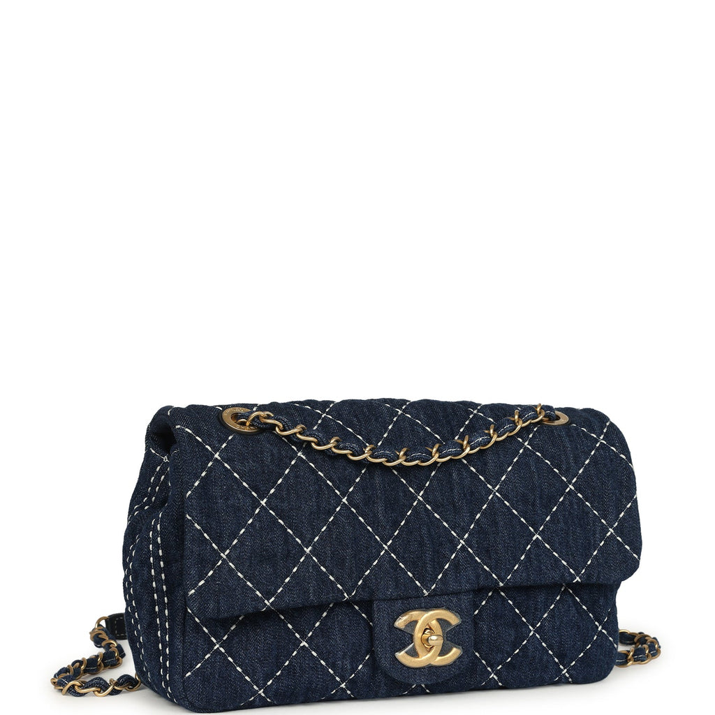 Pre-owned Chanel Medium Classic Flap Bag Blue Denim Aged Gold Hardware