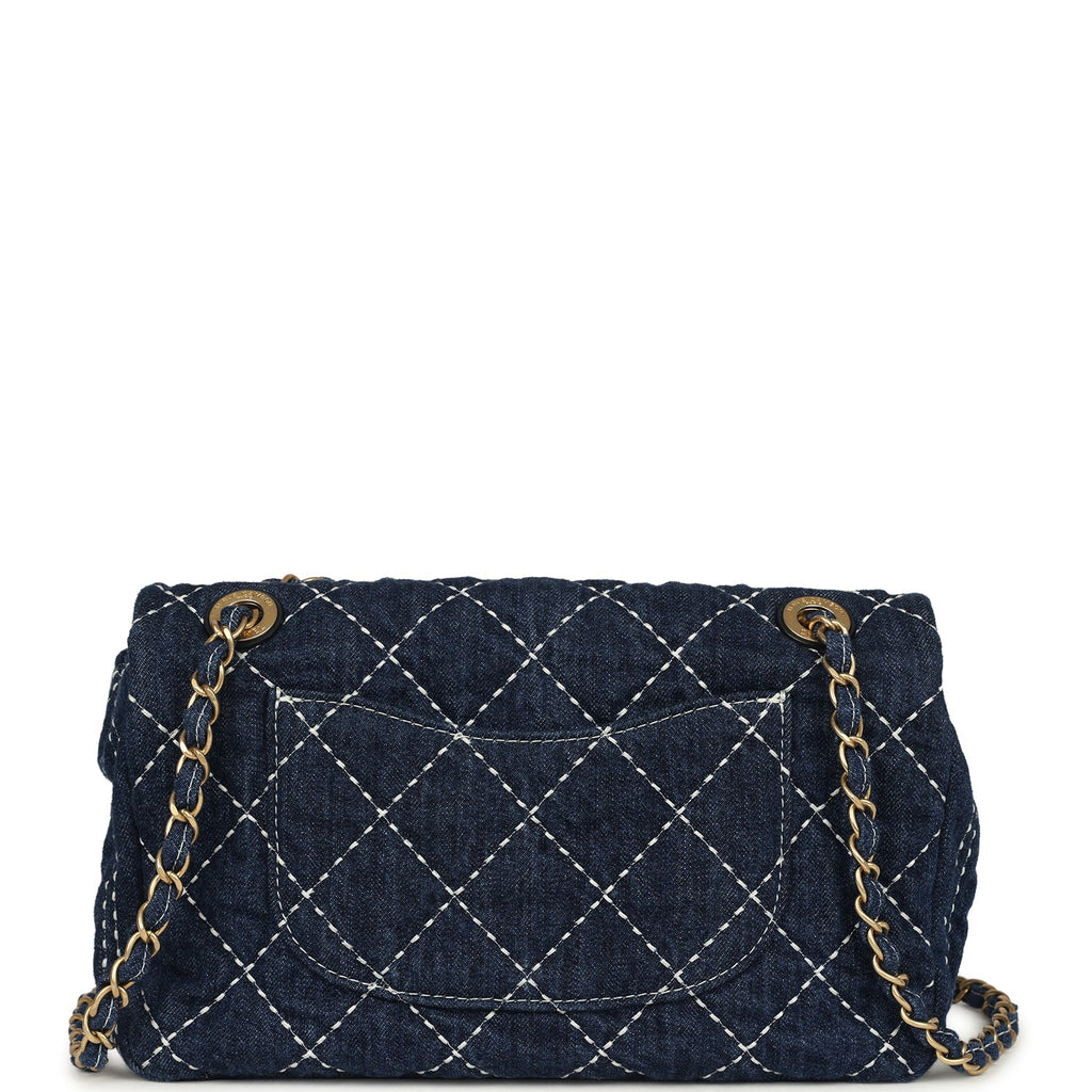 Pre-owned Chanel Medium Classic Flap Bag Blue Denim Aged Gold Hardware