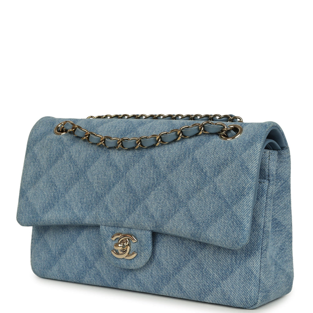 Pre-owned Chanel Medium Classic Double Flap Bag Light Blue Denim Light Gold Hardware