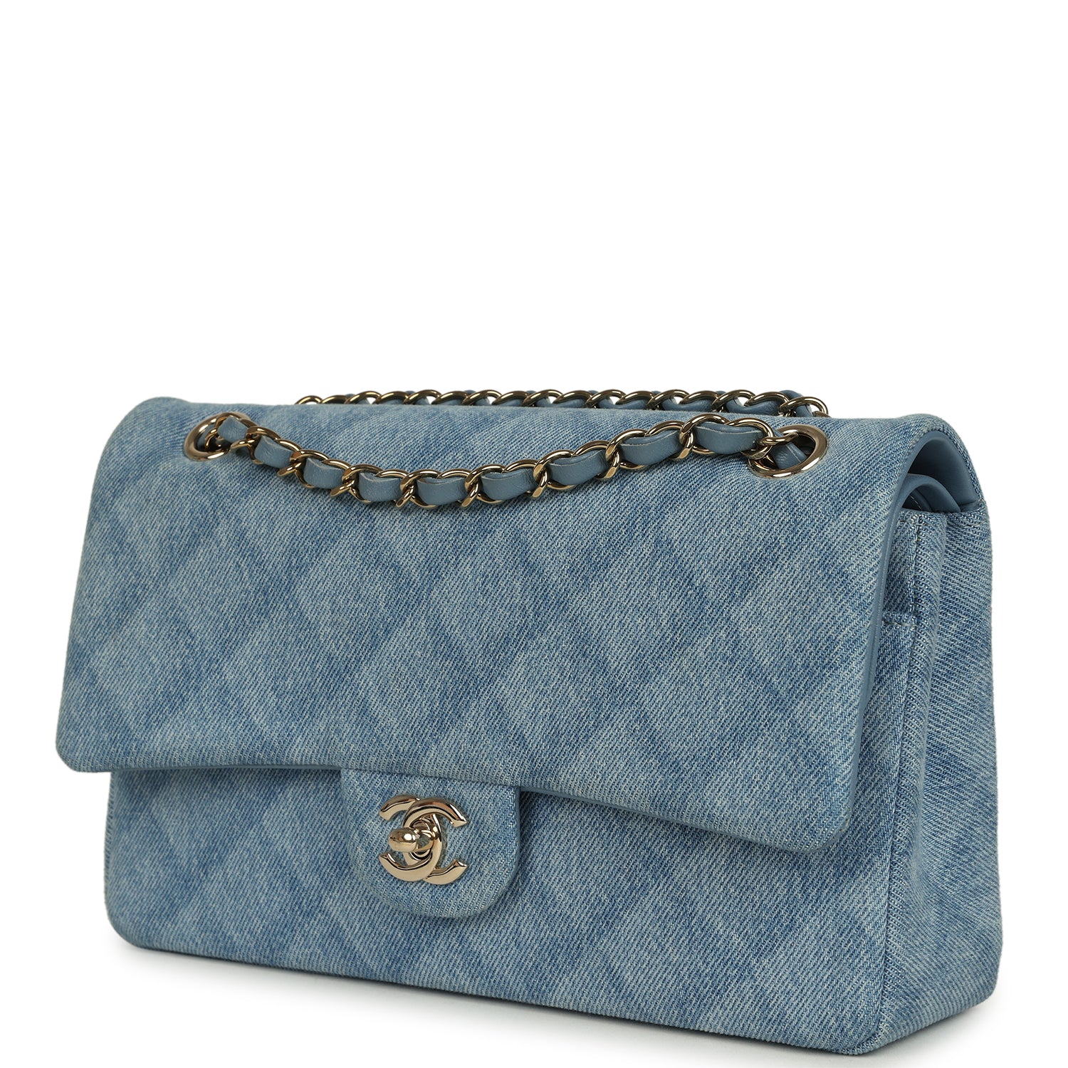 Pre-owned Chanel Medium Classic Double Flap Bag Light Blue Denim Light Gold Hardware
