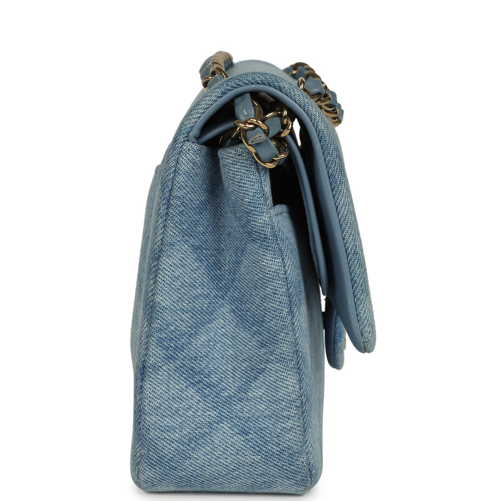 Pre-owned Chanel Medium Classic Double Flap Bag Light Blue Denim Light Gold Hardware