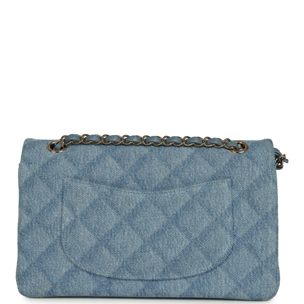 Pre-owned Chanel Medium Classic Double Flap Bag Light Blue Denim Light Gold Hardware