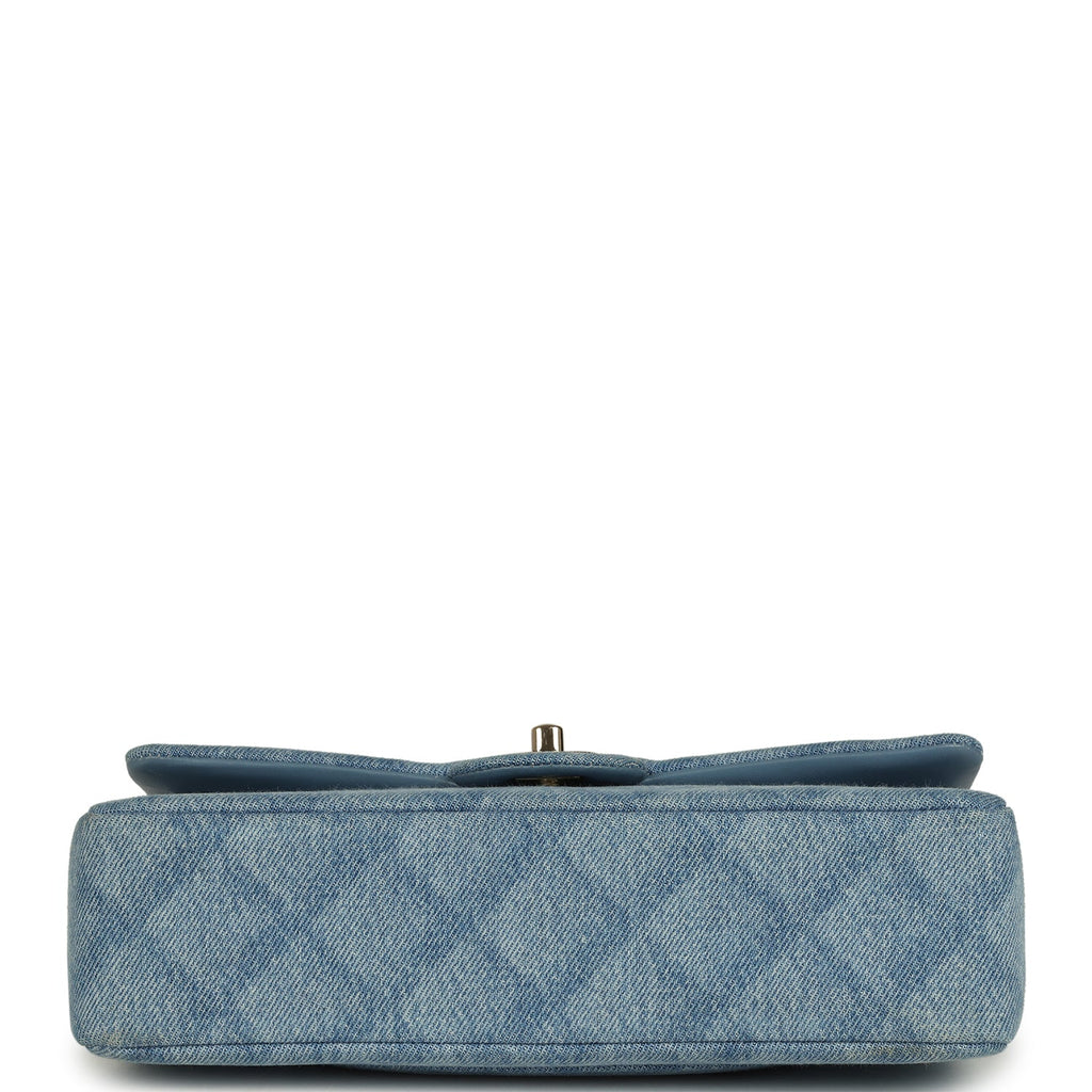 Pre-owned Chanel Medium Classic Double Flap Bag Light Blue Denim Light Gold Hardware