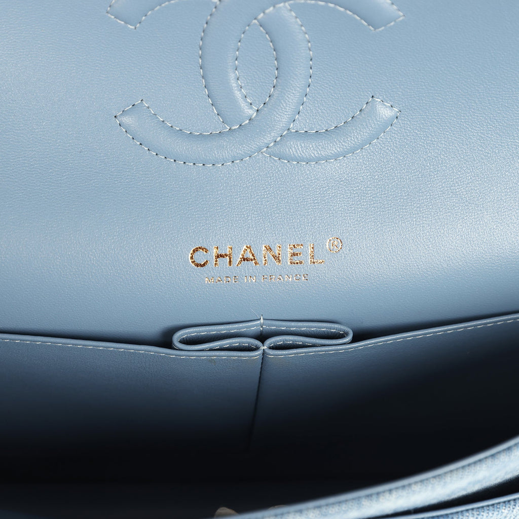 Pre-owned Chanel Medium Classic Double Flap Bag Light Blue Denim Light Gold Hardware
