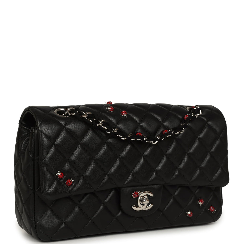 Pre-owned Chanel Medium Lady Bug Single Flap Bag Black Lambskin Silver Hardware
