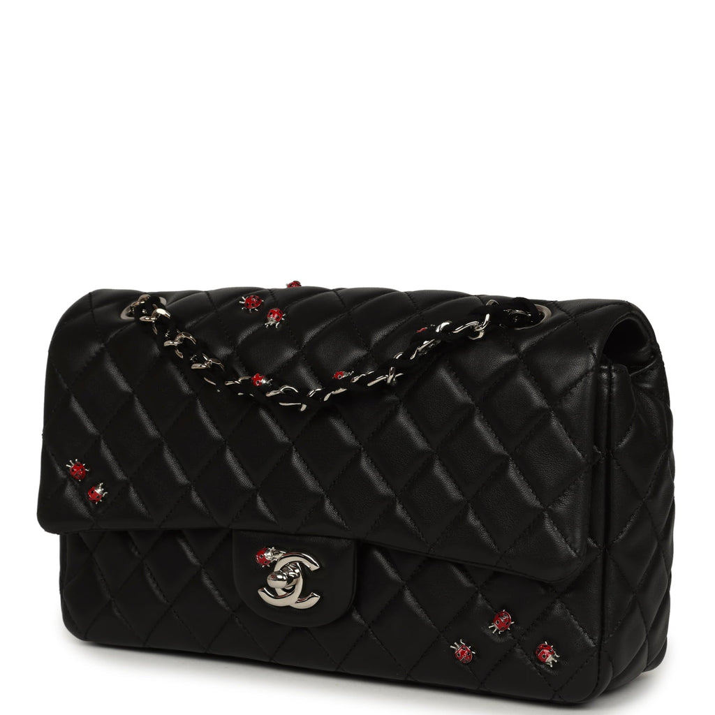 Pre-owned Chanel Medium Lady Bug Single Flap Bag Black Lambskin Silver Hardware