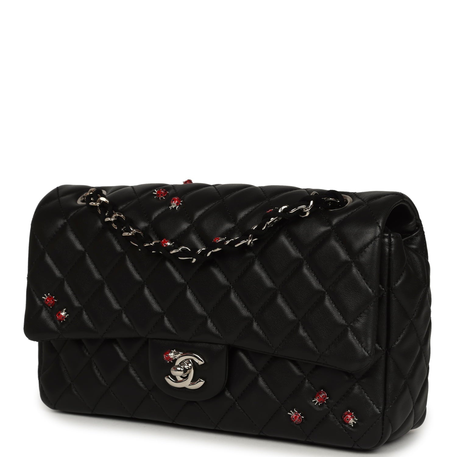 Pre-owned Chanel Medium Lady Bug Single Flap Bag Black Lambskin Silver Hardware