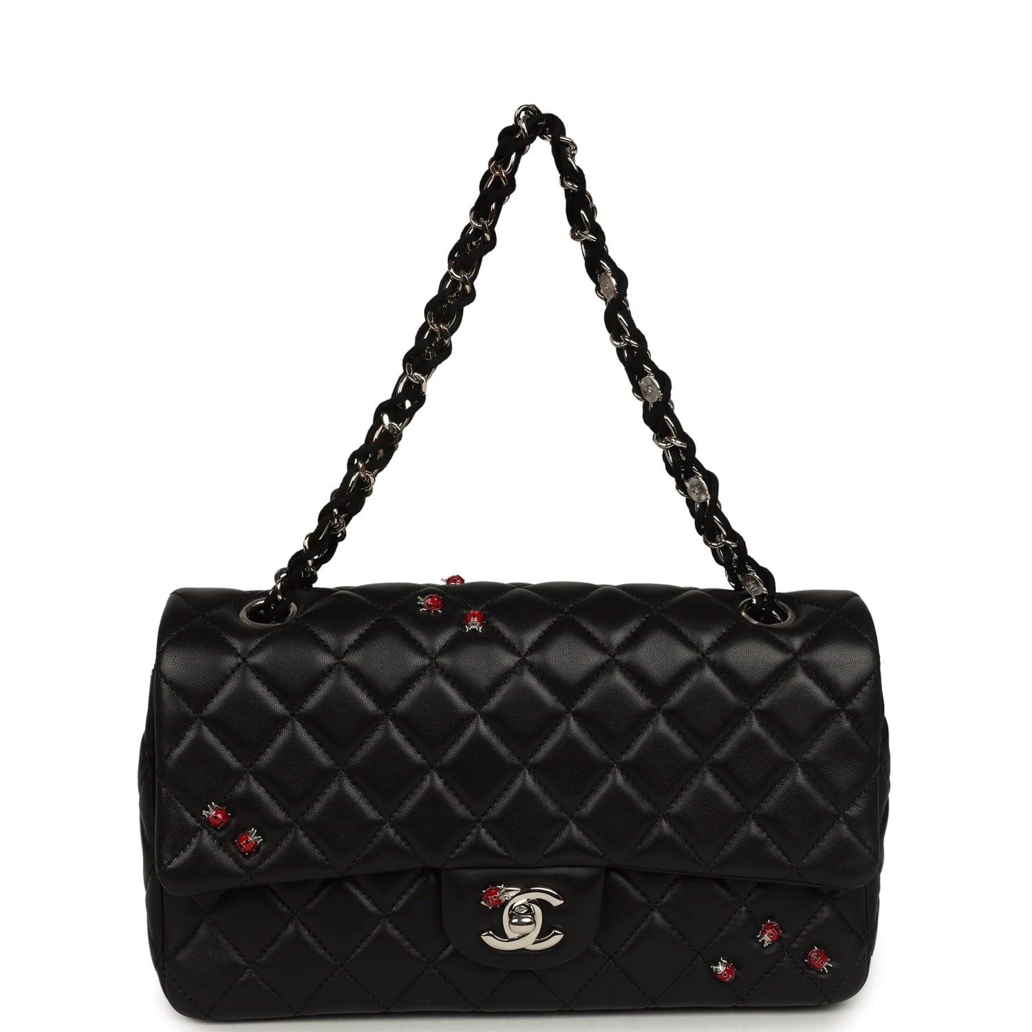 Pre-owned Chanel Medium Lady Bug Single Flap Bag Black Lambskin Silver Hardware