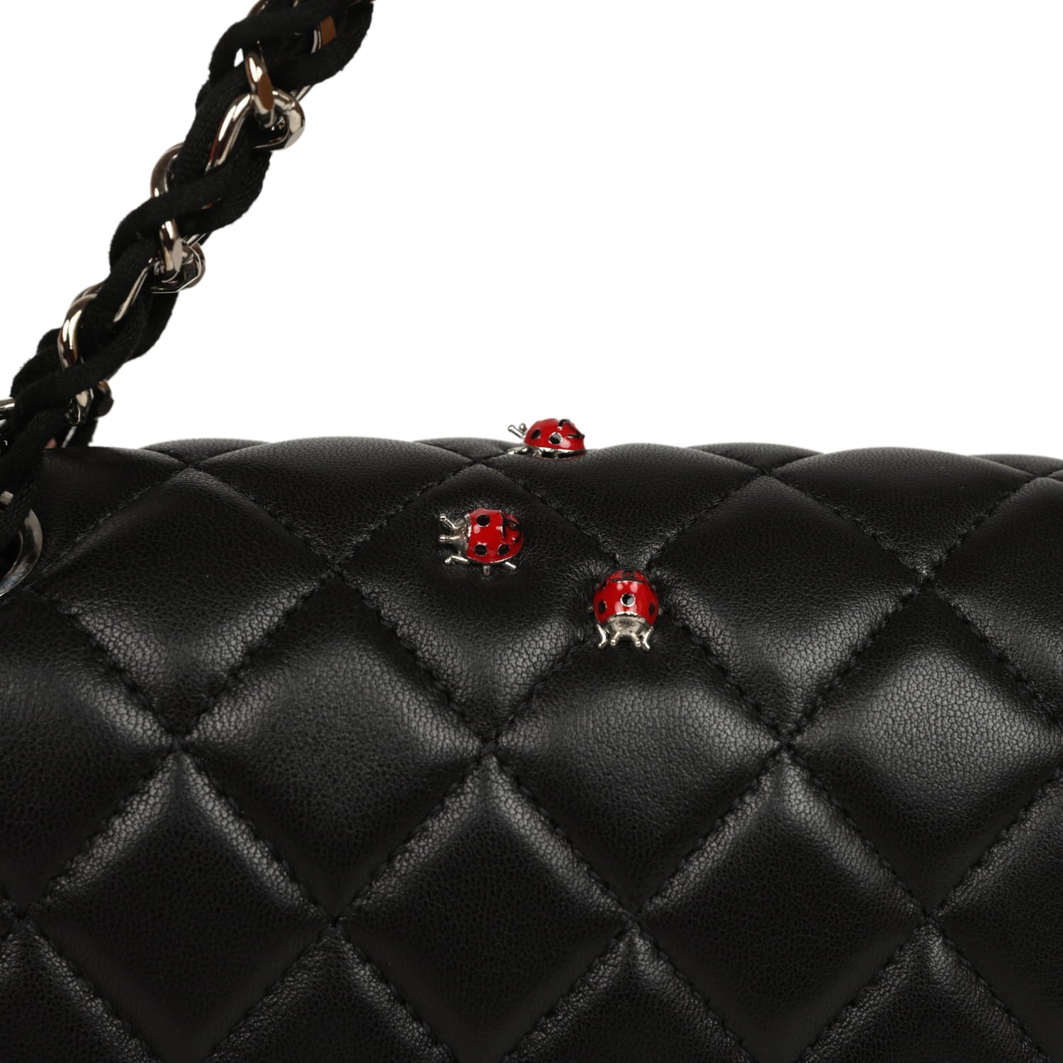 Pre-owned Chanel Medium Lady Bug Single Flap Bag Black Lambskin Silver Hardware