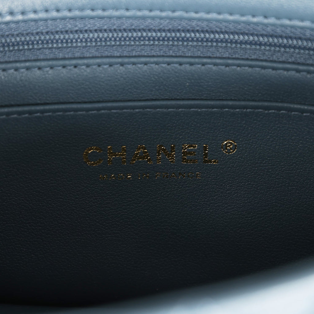 Chanel Mini Rectangular Flap with Top Handle Blue Lambskin Light Gold Hardware