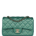 Chanel Mini Classic Rectangular Flap Iridescent Green Lambskin Light Gold Hardware