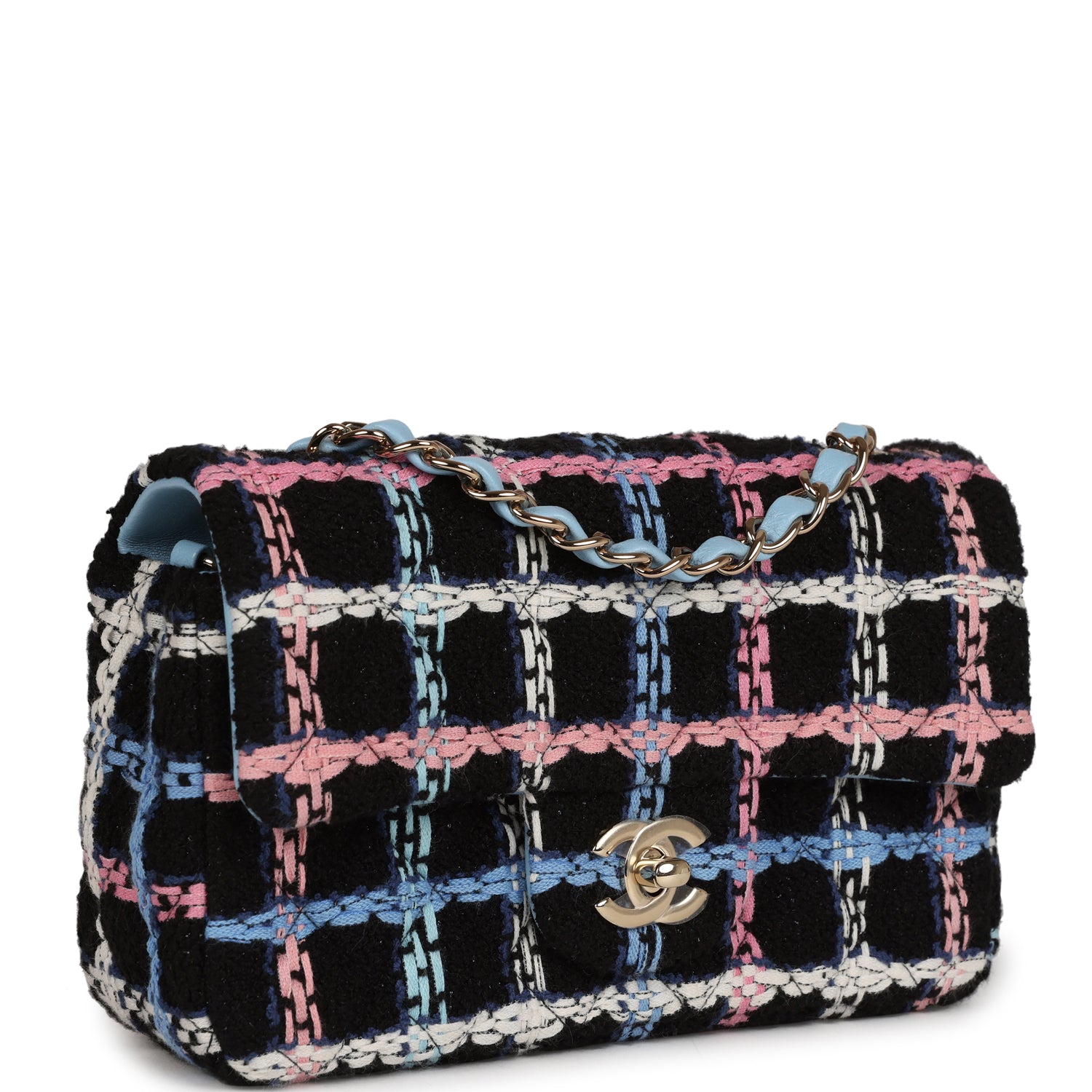 Chanel Mini Rectangular Flap Bag Black Multicolor Tweed Light Gold Hardware