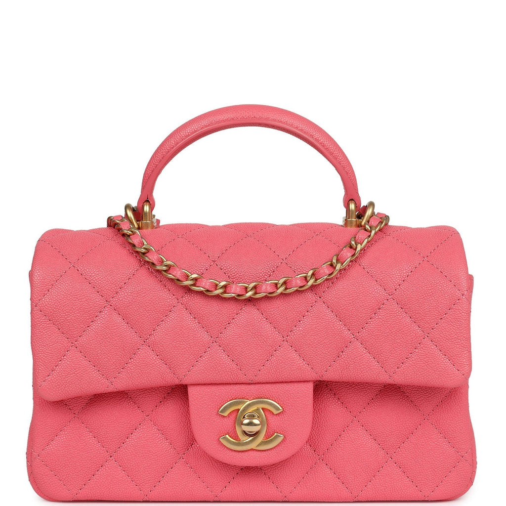 Chanel Mini Rectangular Flap with Top Handle Hot Pink Caviar Antique Gold Hardware