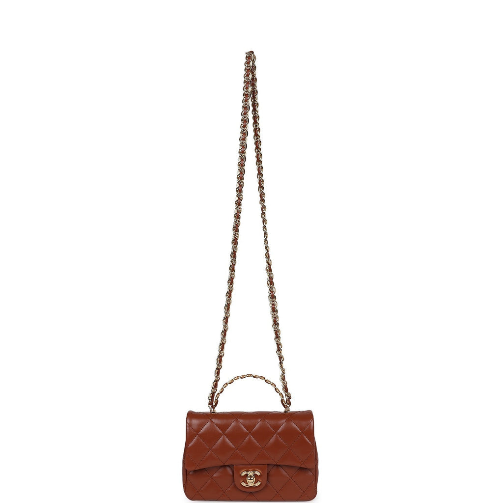 Chanel Mini Rectangular Top Handle Flap Bag Brown Shiny Calfskin Gold Hardware