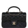 Chanel Mini Rectangular Flap with Top Handle Black Lambskin Light Gold Hardware