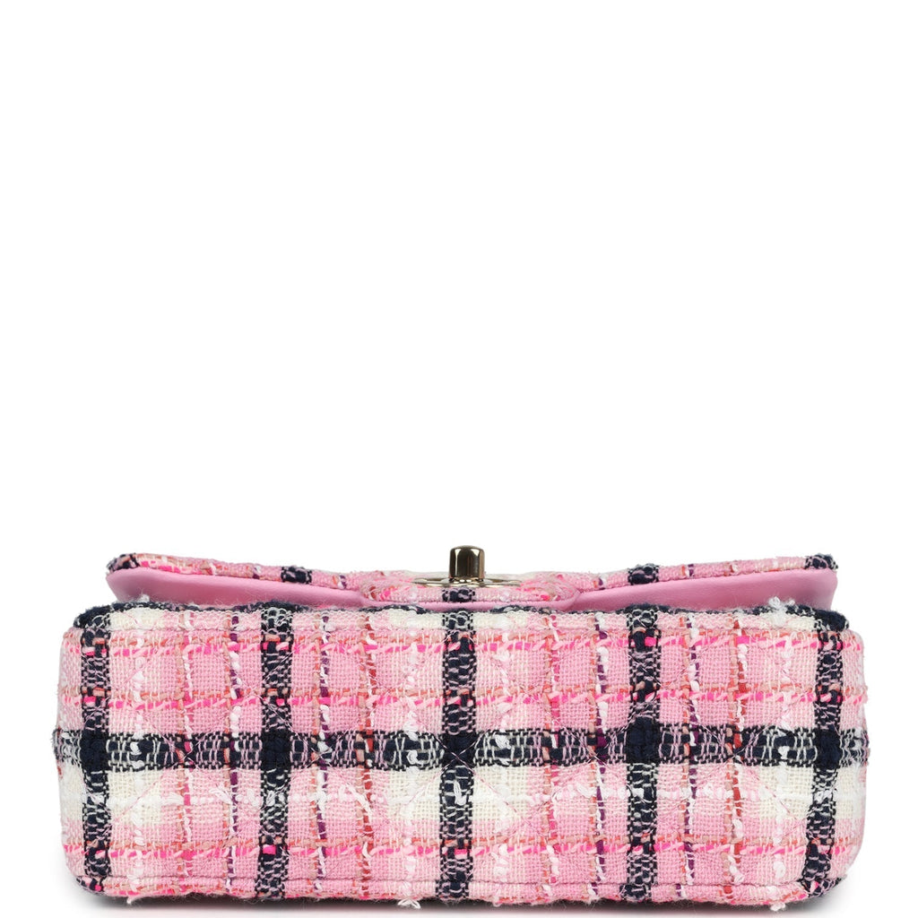 Chanel Mini Rectangular Flap Bag Pink, White and Black Tweed Light Gold Hardware