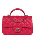 Chanel Mini Top Handle Rectangular Flap Bag Fuchsia Lambskin Light Gold Hardware