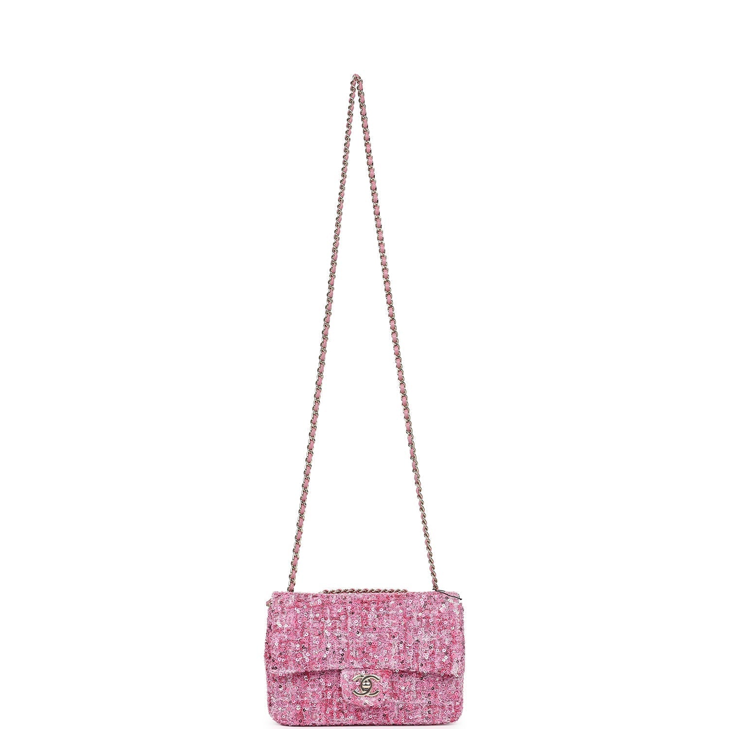 Chanel Mini Classic Rectangular Flap Bag Pink Tweed and Sequin Gold Hardware
