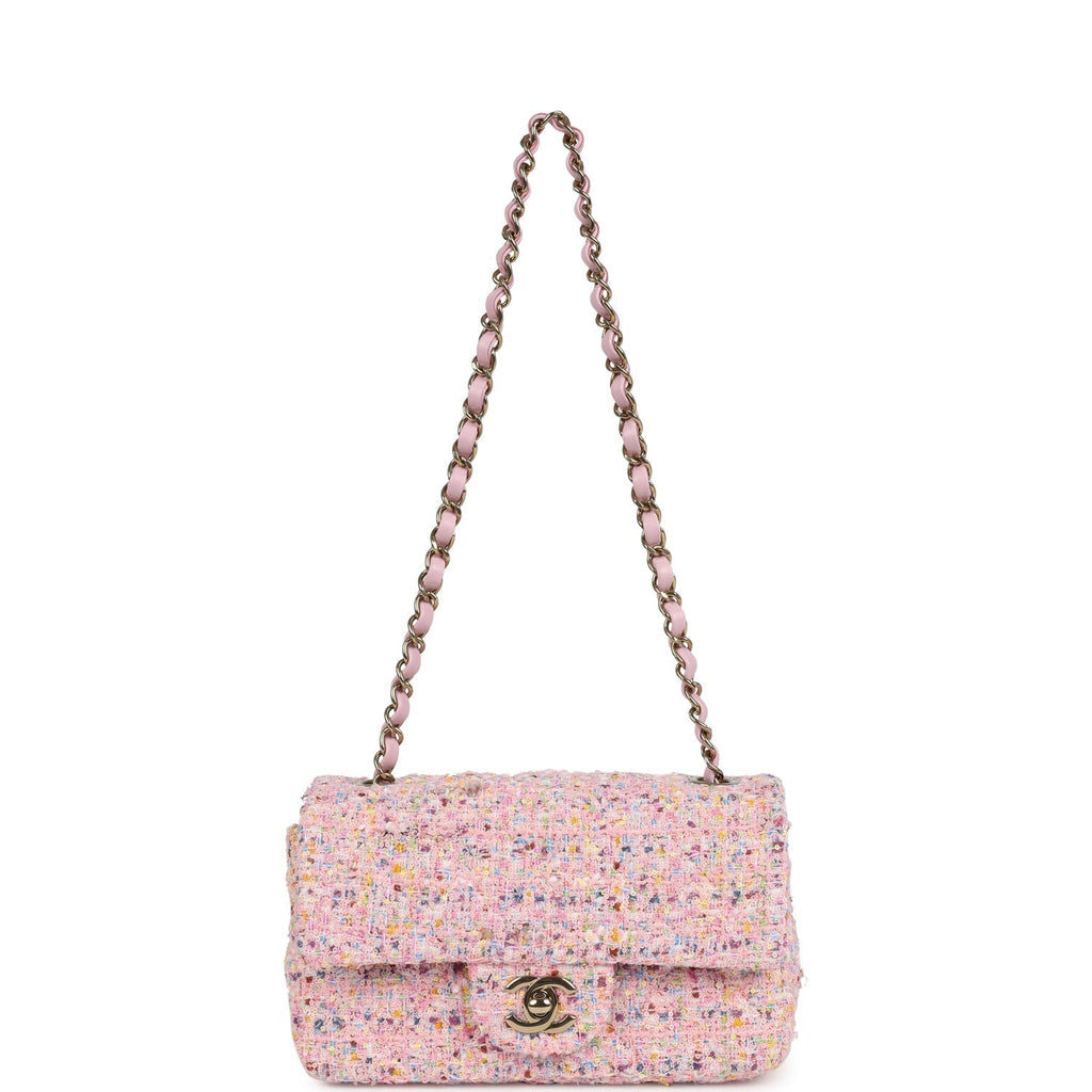 Chanel Mini Classic Rectangular Flap Bag Pink Tweed and Sequin Light Gold Hardware