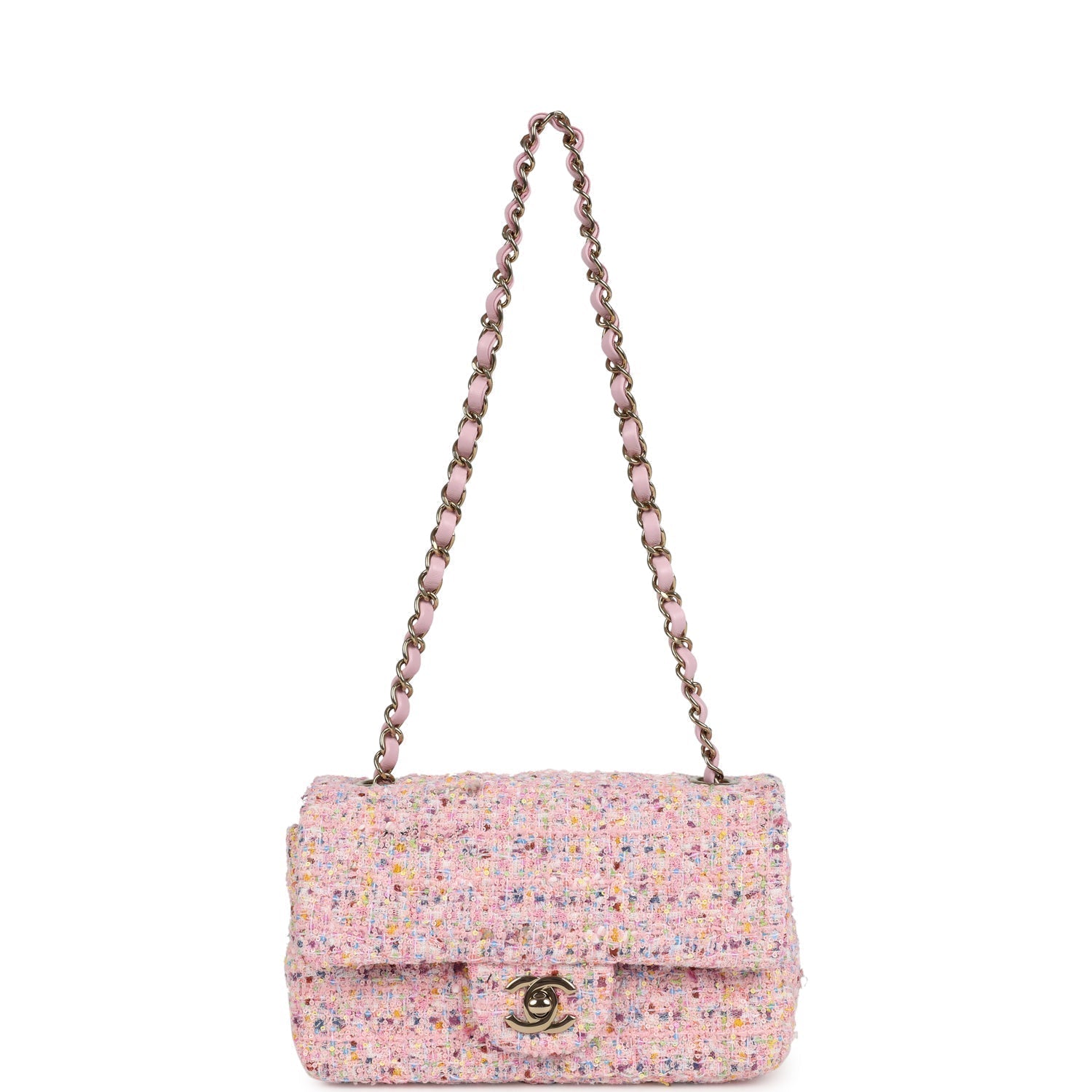 Chanel Mini Classic Rectangular Flap Bag Pink Tweed and Sequin Light Gold Hardware