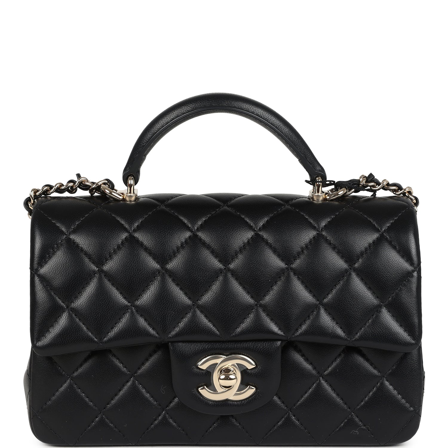 Chanel Mini Rectangular Top Handle Flap Bag Black Lambskin Light Gold Hardware