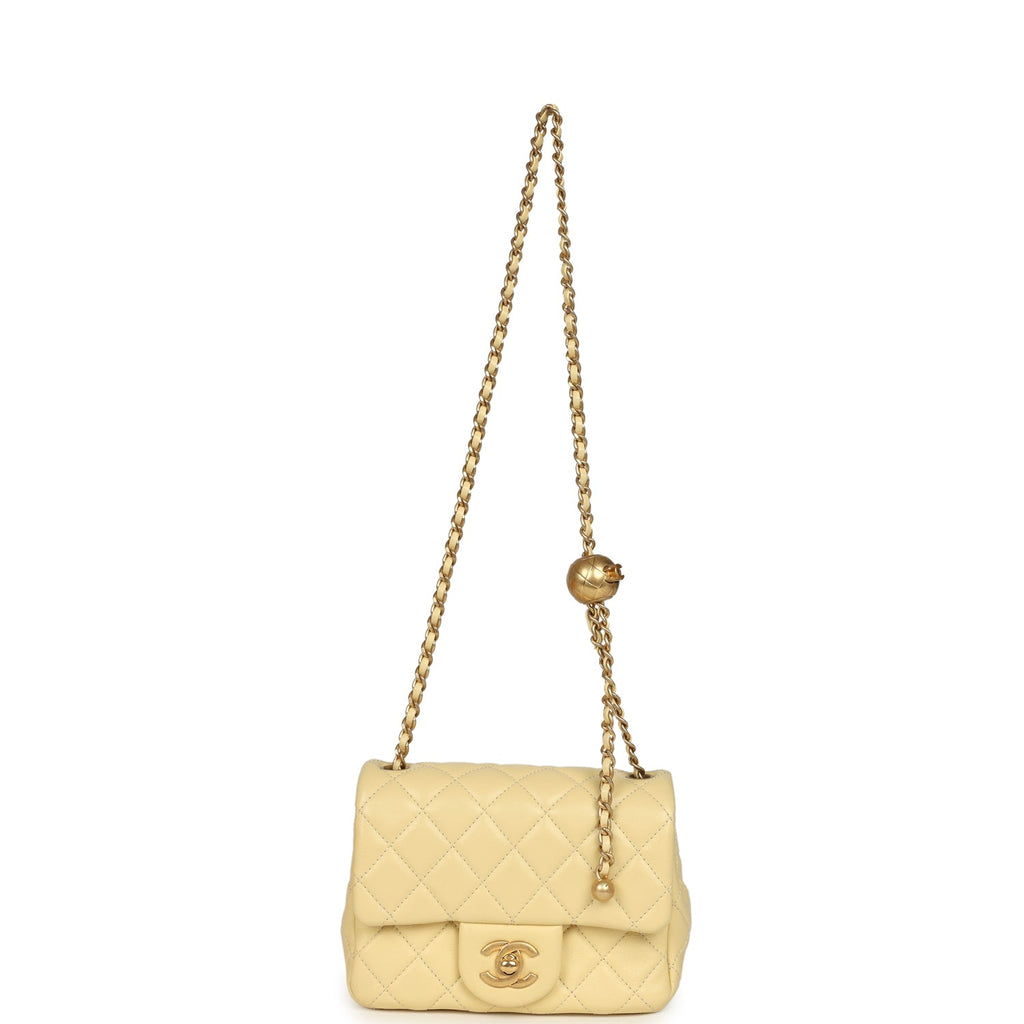 Pre-owned Chanel Mini Pearl Crush Square Flap Bag Yellow Lambskin Brushed Gold Hardware