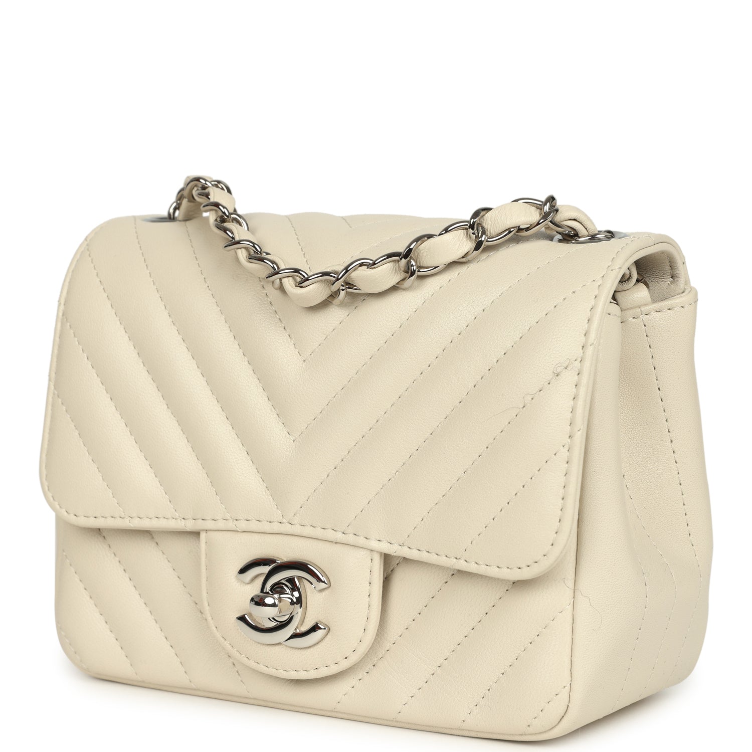 Pre-owned Chanel Mini Chevron Square Flap Bag Ivory Lambskin Silver Hardware