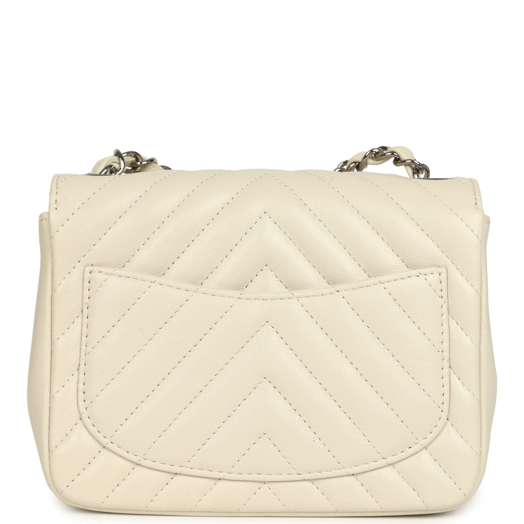 Pre-owned Chanel Mini Chevron Square Flap Bag Ivory Lambskin Silver Hardware