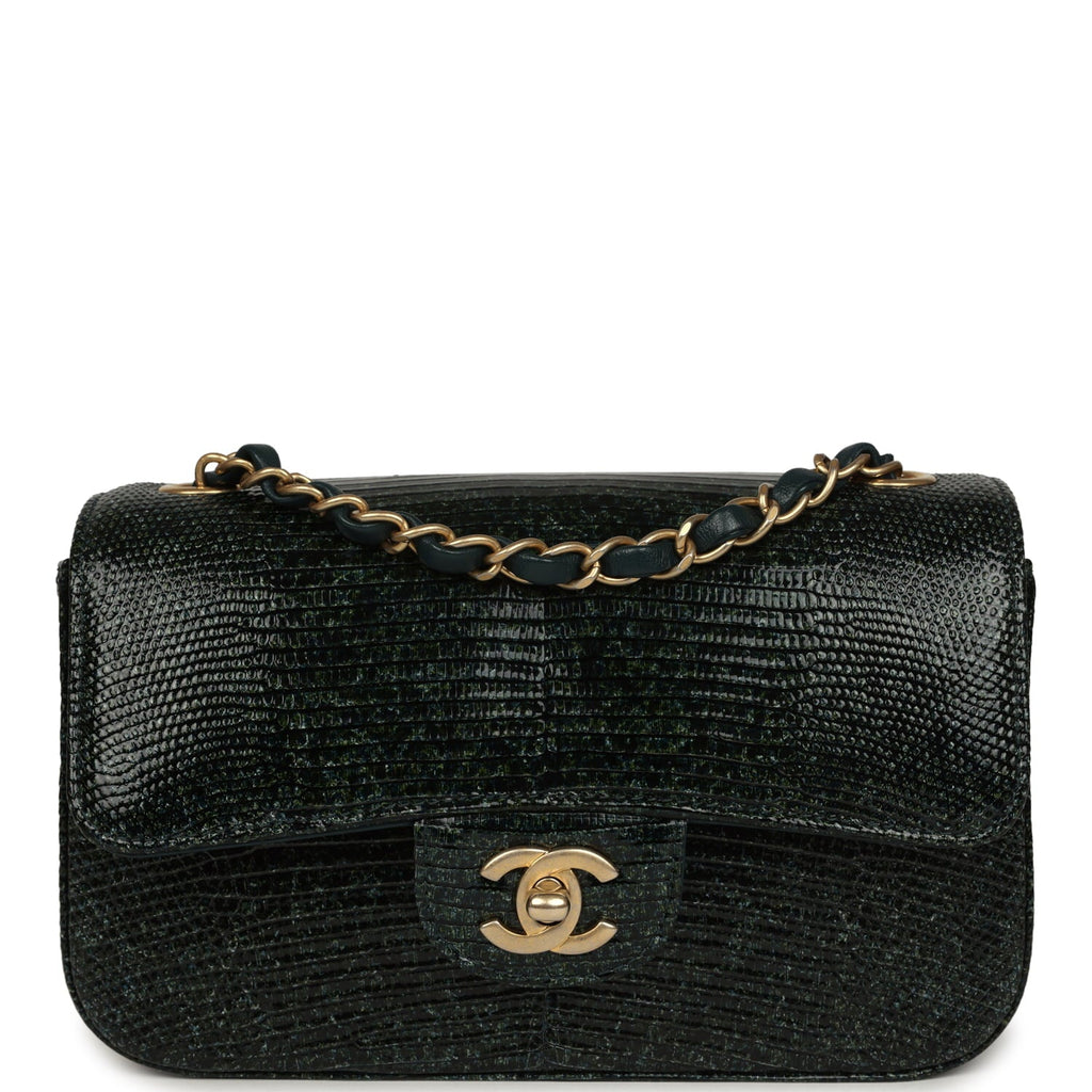 Pre-owned Chanel Mini Rectangular Flap Bag Green Shiny Lizard Brushed Gold Hardware