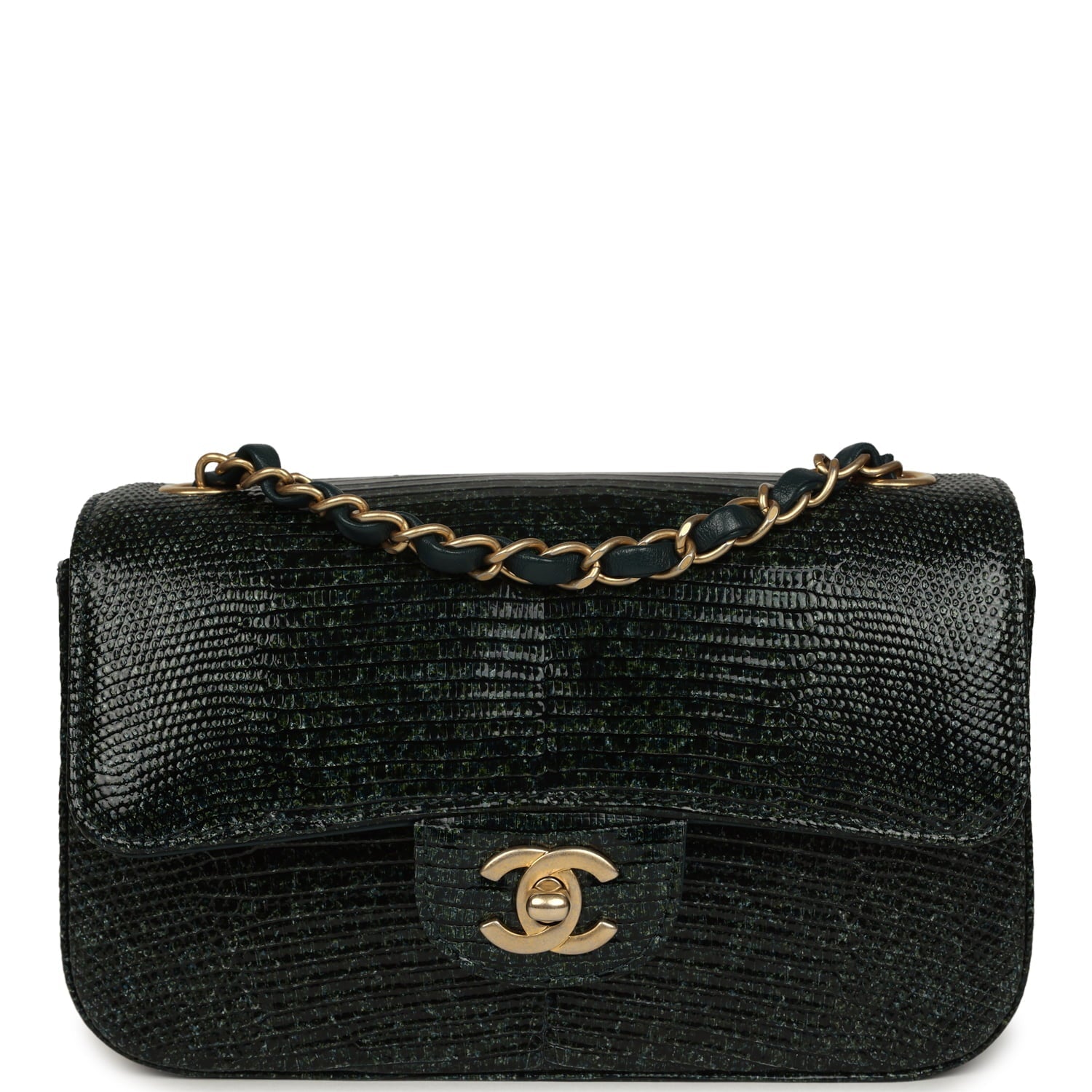Pre-owned Chanel Mini Rectangular Flap Bag Green Shiny Lizard Brushed Gold Hardware