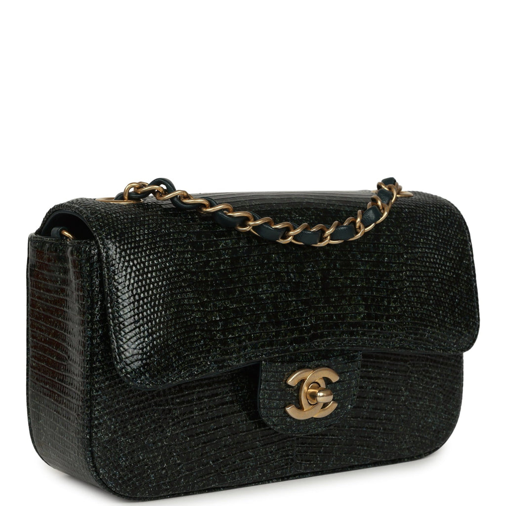 Pre-owned Chanel Mini Rectangular Flap Bag Green Shiny Lizard Brushed Gold Hardware