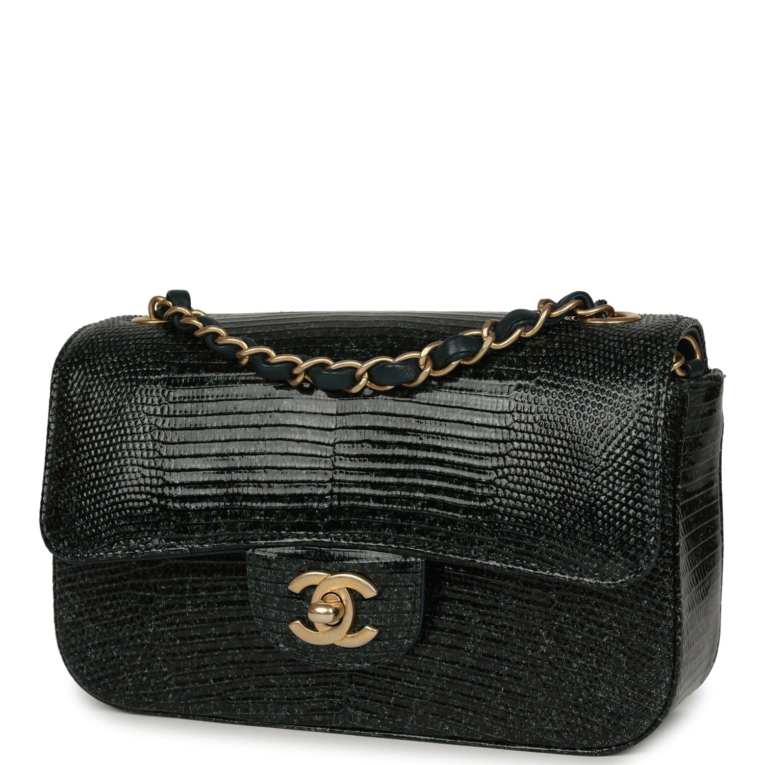 Pre-owned Chanel Mini Rectangular Flap Bag Green Shiny Lizard Brushed Gold Hardware