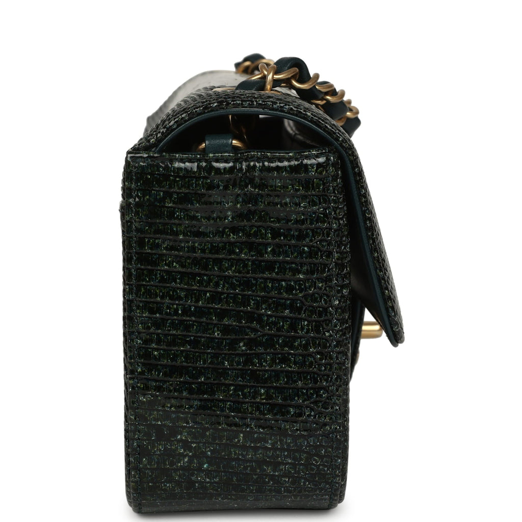 Pre-owned Chanel Mini Rectangular Flap Bag Green Shiny Lizard Brushed Gold Hardware
