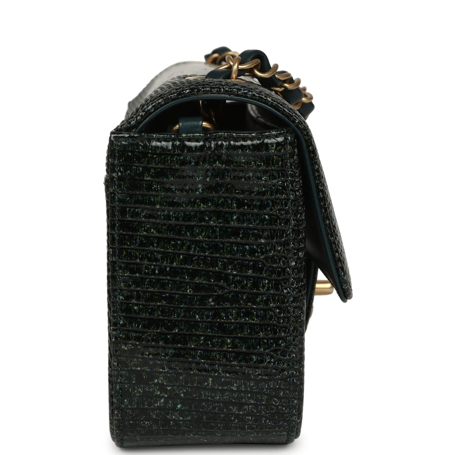 Pre-owned Chanel Mini Rectangular Flap Bag Green Shiny Lizard Brushed Gold Hardware