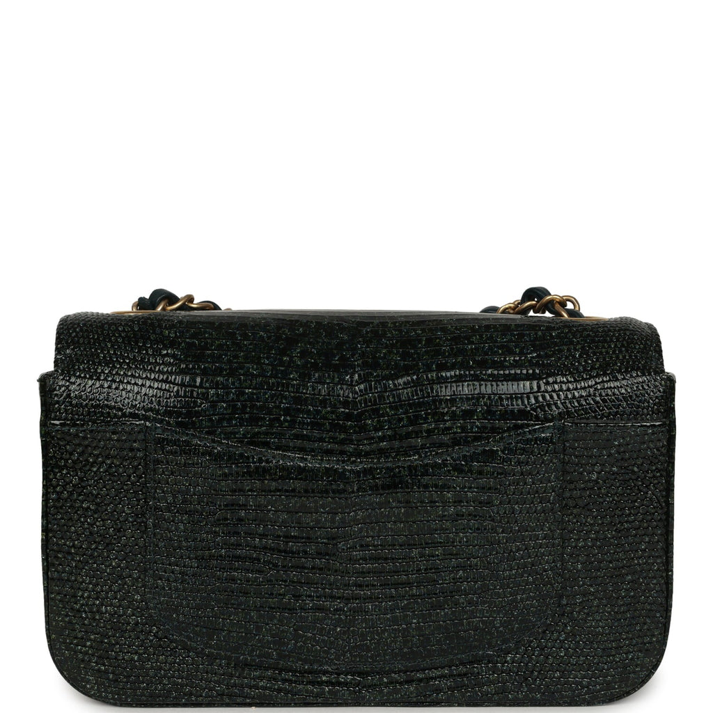 Pre-owned Chanel Mini Rectangular Flap Bag Green Shiny Lizard Brushed Gold Hardware