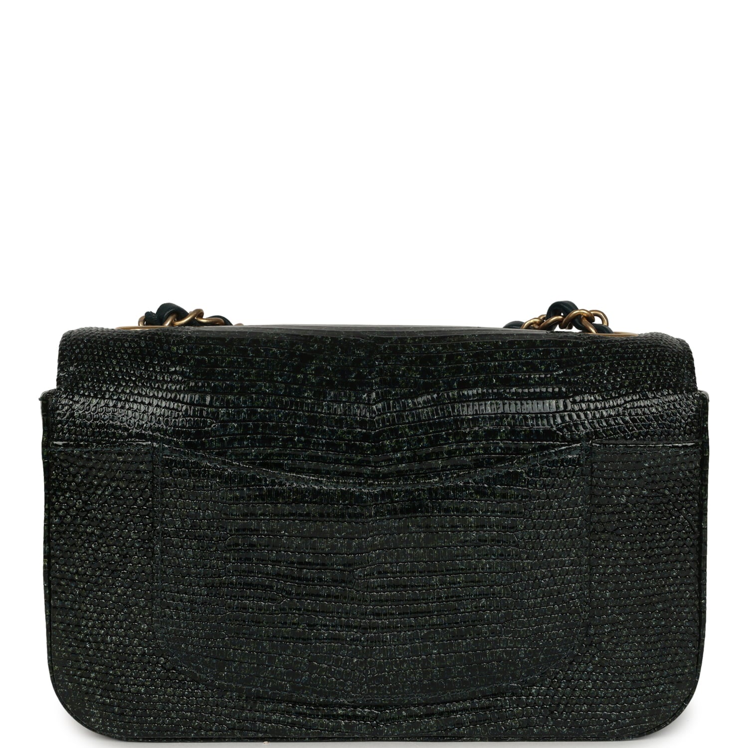 Pre-owned Chanel Mini Rectangular Flap Bag Green Shiny Lizard Brushed Gold Hardware