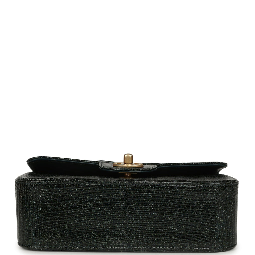 Pre-owned Chanel Mini Rectangular Flap Bag Green Shiny Lizard Brushed Gold Hardware