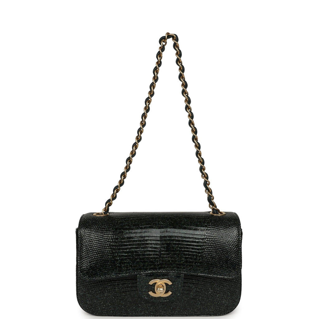 Pre-owned Chanel Mini Rectangular Flap Bag Green Shiny Lizard Brushed Gold Hardware