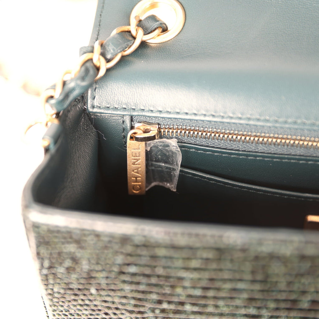 Pre-owned Chanel Mini Rectangular Flap Bag Green Shiny Lizard Brushed Gold Hardware