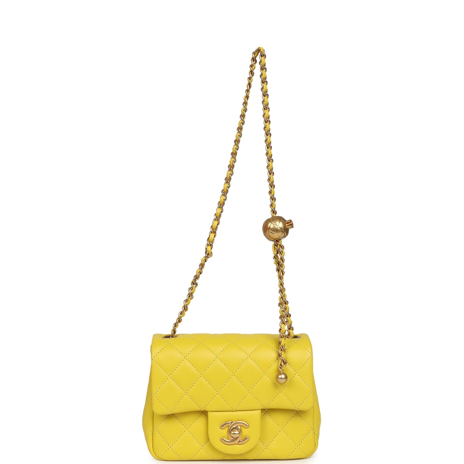 Chanel Mini Pearl Crush Square Flap Bag Yellow Lambskin Brushed Gold Hardware