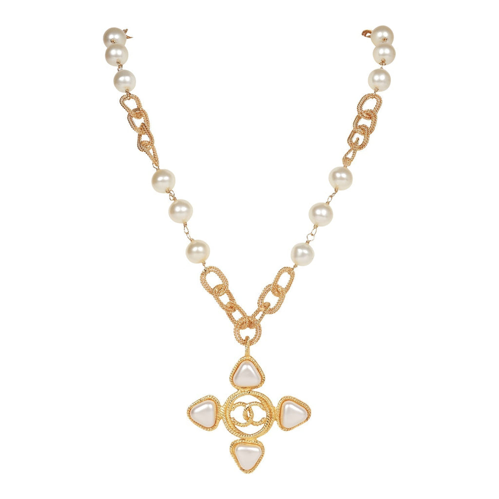 Chanel Vintage Gold Plated CC Faux Pearl Pendant Necklace
