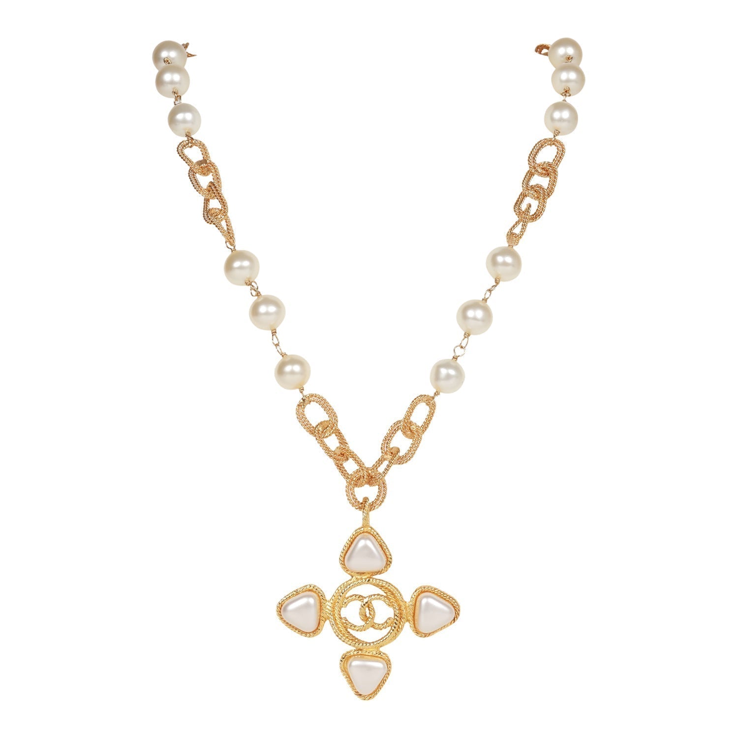 Chanel Vintage Gold Plated CC Faux Pearl Pendant Necklace
