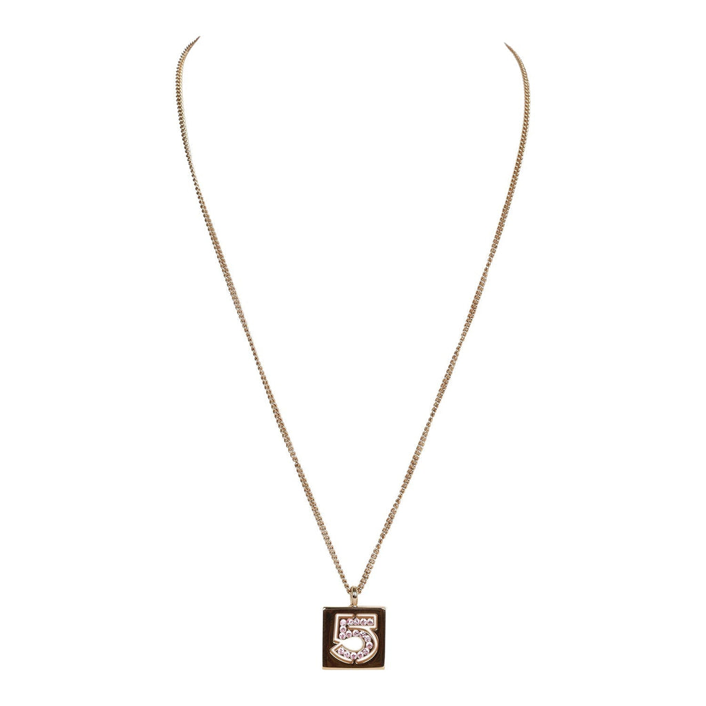 Chanel Vintage 24K Gold Plated Pink No.5 Rhinestone Pendant Necklace