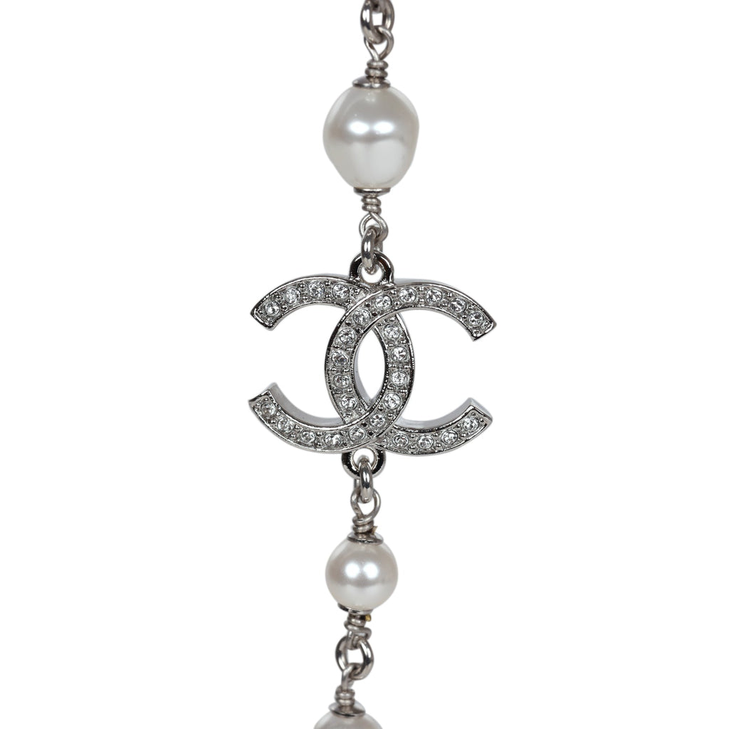 Chanel Silver Metal, White Strass, and White Pearl Logo and Hearts Sautoir Necklace