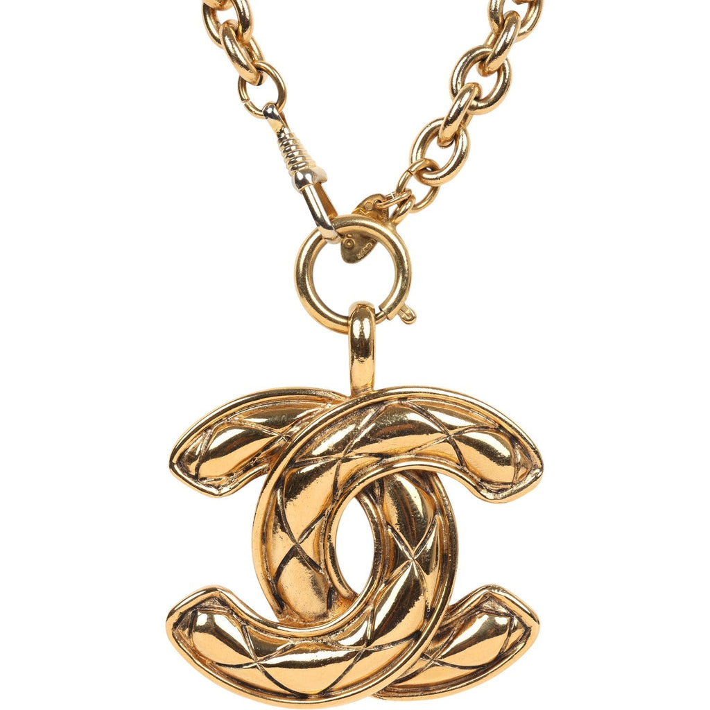 Chanel Vintage 24K Gold Plated Large CC Quilted Pendant Necklace